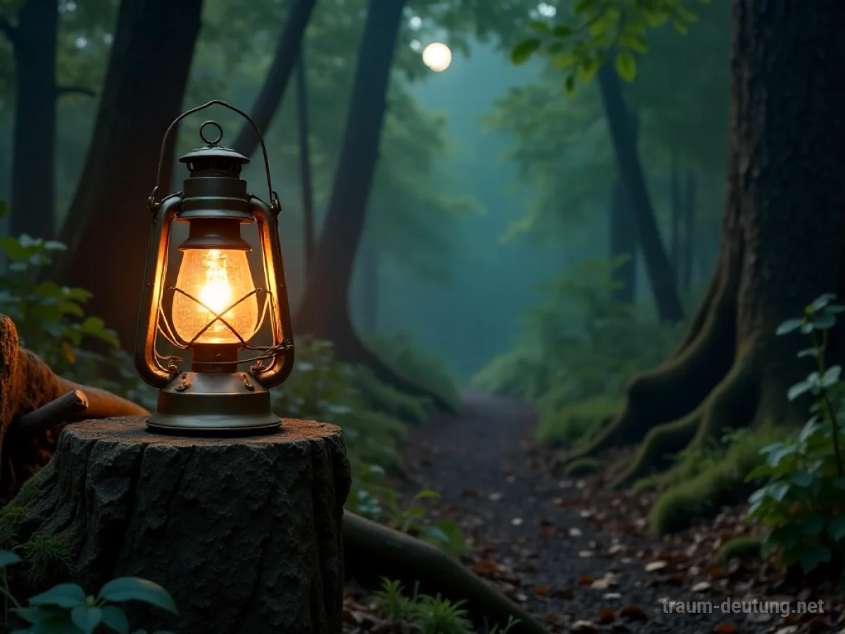 Traumsymbol Laterne: Eine antike Messinglaterne wirft warmes Licht auf einen dunklen Waldweg, umgeben von Mondlicht.