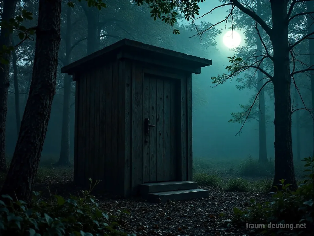 Traumdeutung Latrine: Eine verwitterte, alte Holzlatrine steht isoliert in einer schwach beleuchteten, feuchten Waldlichtung, umgeben von Spinnweben und herabgefallenen Blättern im Mondlicht.
