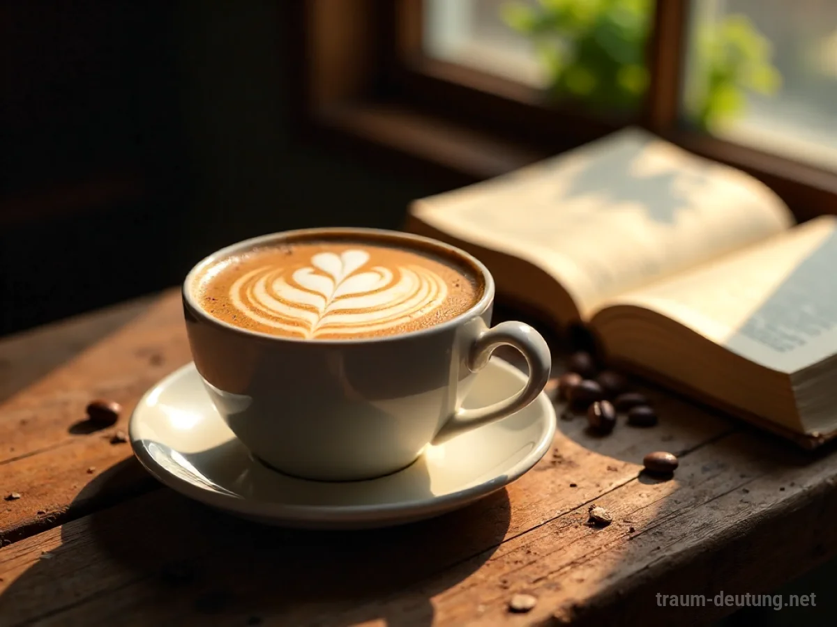 Traumsymbol Latte: Eine kunstvoll zubereitete Latte mit Milchschaum-Verzierung steht auf einem Holztisch im warmen Morgenlicht, umgeben von Kaffeebohnen und einem Buch.
