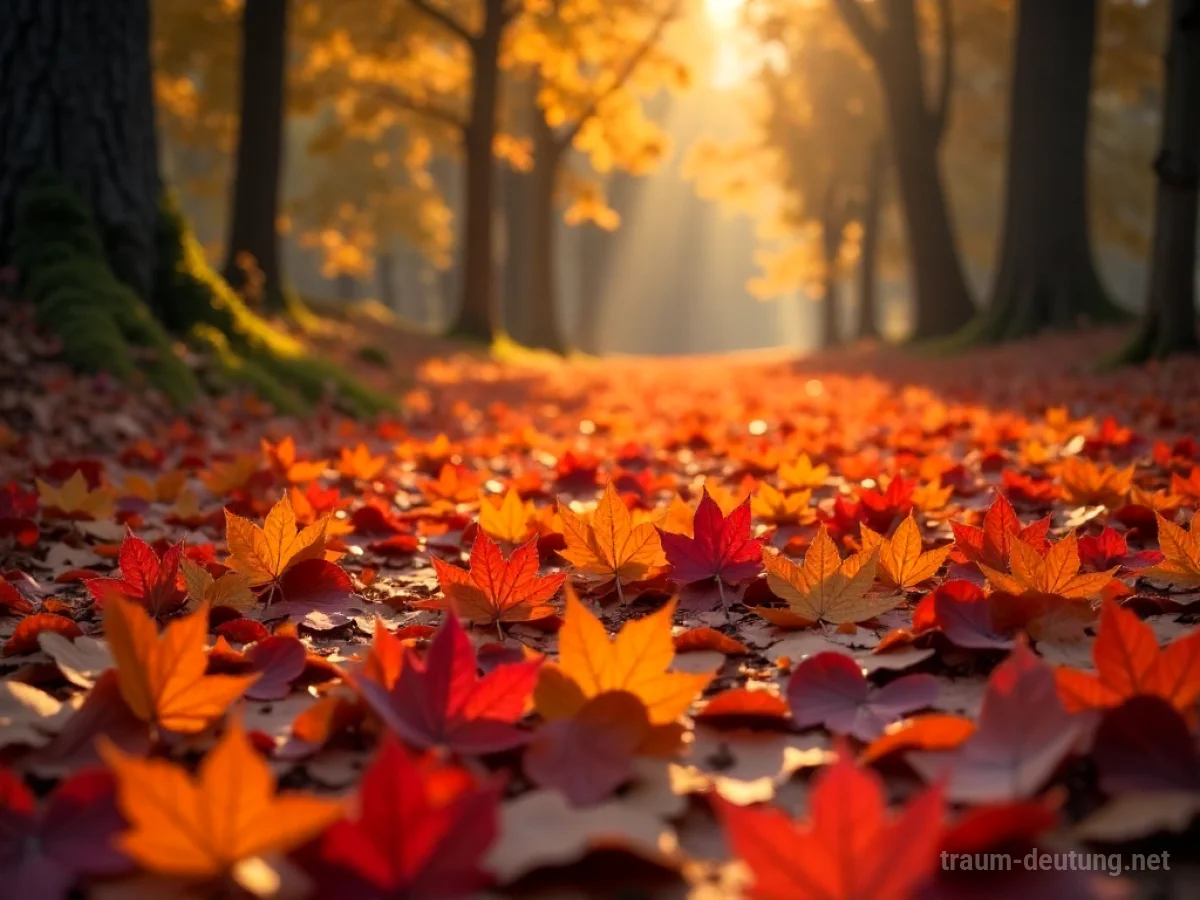 Traumsymbol Laub: Ein dichter Teppich aus leuchtenden Herbstblättern in Rot-, Orange- und Gelbtönen bedeckt den Waldboden, beleuchtet von gefiltertem Sonnenlicht.