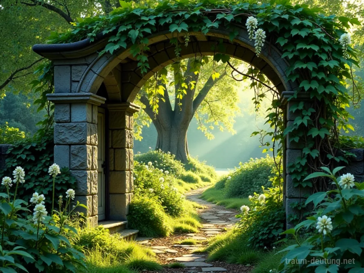 Traumsymbol Laube: Eine überwucherte Steinlaube mit blühendem Glyzinien und gefiltertem Sonnenlicht, die einen friedlichen Gartenweg rahmt.