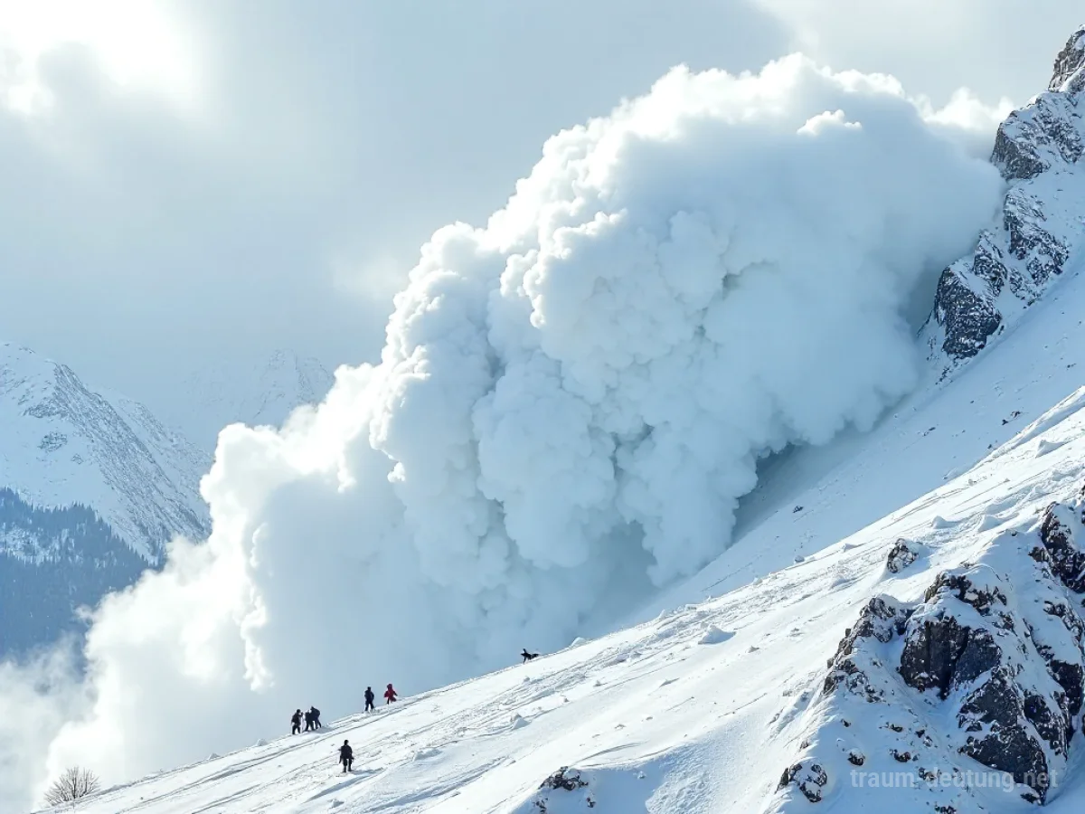 Traumsymbol Lawine: Eine gewaltige Schneemasse stürzt einen steilen Berghang herab, umgeben von zerstörten Bäumen und aufgewirbeltem Schnee unter einem dramatischen Himmel.