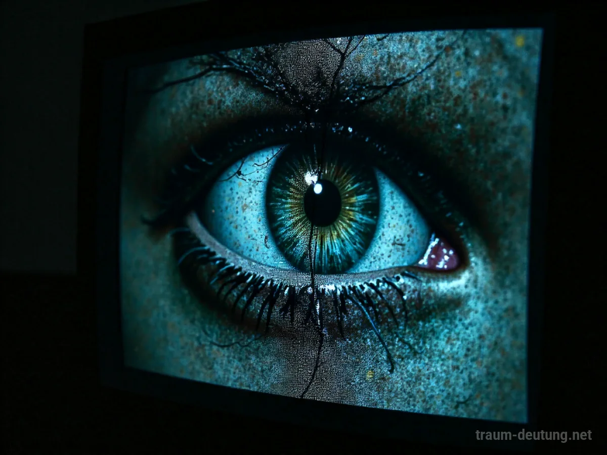 Traumdeutung LCD: Ein rissiger LCD-Bildschirm zeigt ein fragmentiertes Auge, dessen Pixel durch unerklärliche Lichtquellen verzerrt sind.