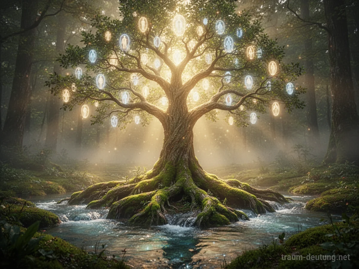 Traumsymbol Leben: Ein strahlender, ätherischer Baum des Lebens steht in einer nebelverhangenen Lichtung, seine Äste sind mit leuchtenden Kugeln geschmückt.
