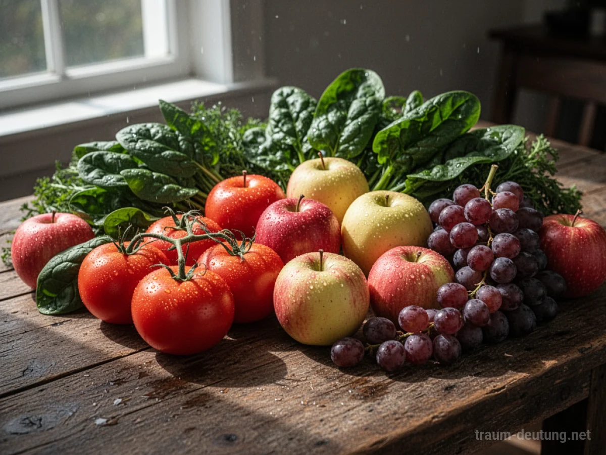 Traumsymbol Lebensmittel: Ein reichhaltiges Arrangement aus frischem Obst und Gemüse wie Tomaten, Spinat, Äpfeln und Trauben liegt auf einem Holztisch im Sonnenlicht.