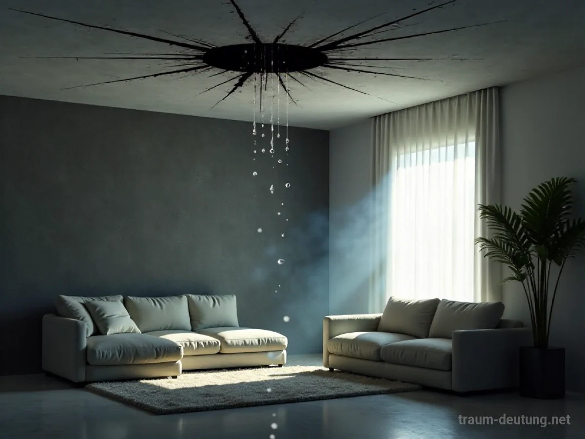 Traumsymbol Leck: Tropfendes Wasser fällt von einer Rissdecke in einem ansonsten makellosen, minimalistischen Wohnzimmer, beleuchtet von dramatischem Licht.