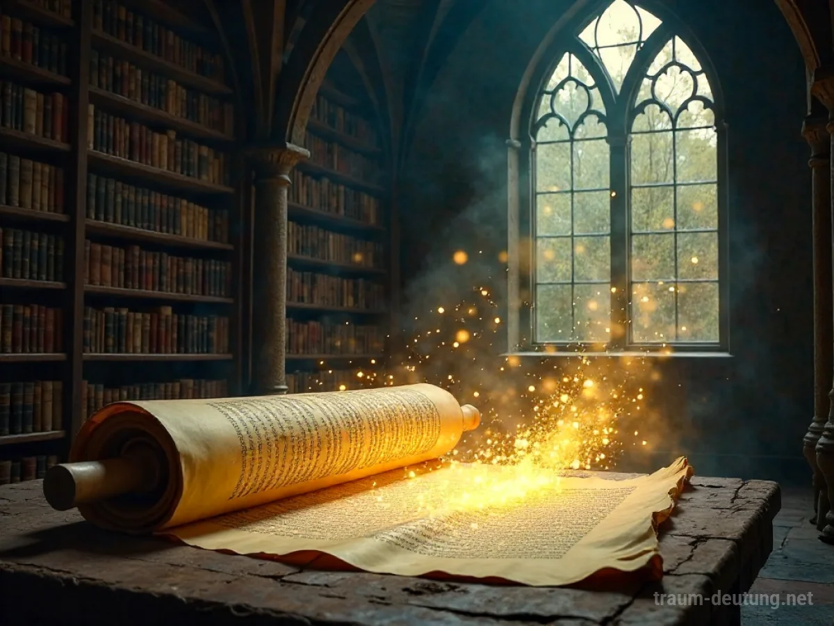 Traumsymbol Legende: Eine majestätische, alte Schriftrolle entfaltet sich in einer schwach beleuchteten, höhlenartigen Bibliothek, ihr Pergament leuchtet mit ätherischem, goldenem Licht.
