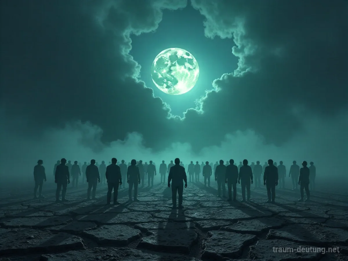 Traumsymbol Legion: Eine düstere, stürmische Landschaft unter Mondlicht, in deren Zentrum sich ein Strudel aus verschwommenen, schattenhaften menschlichen Figuren bildet, die kollektives Chaos und Verzweiflung ausstrahlen.