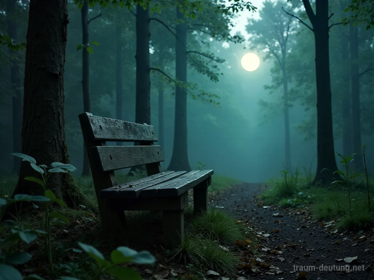 Traumsymbol Lehne: Eine verwitterte Holzbank steht verlassen in einer nebelverhangenen Waldlichtung im Mondlicht.