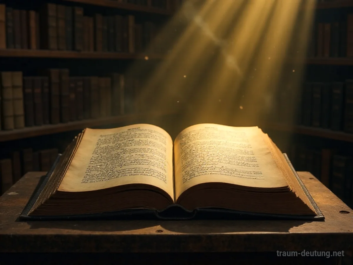 Traumsymbol Lehre: Ein altes, geöffnetes Buch liegt auf einem Lesepult in einer staubigen Bibliothek, beleuchtet von goldenem Licht.