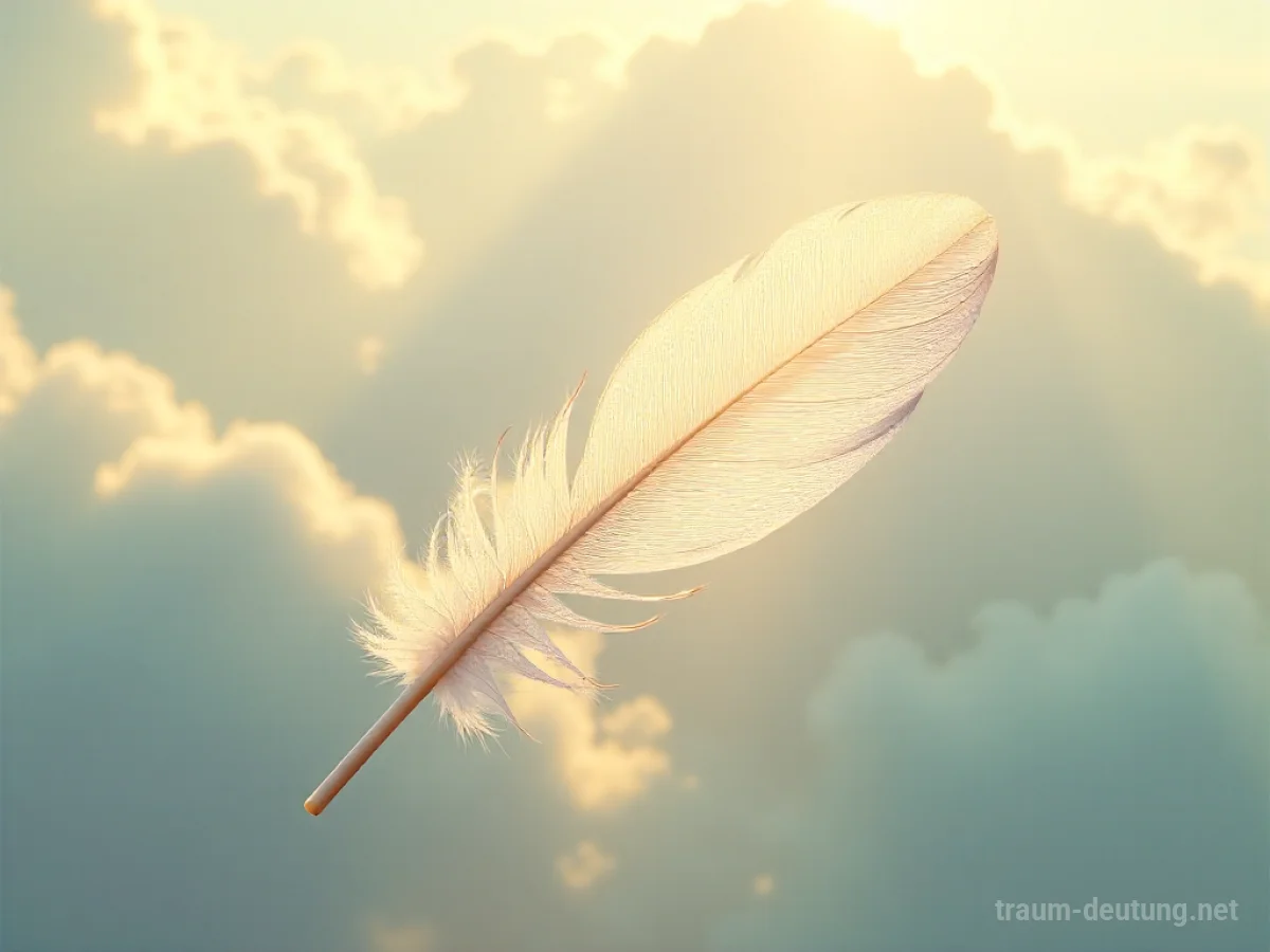 Traumsymbol Leicht: Eine einzelne, durchscheinende Feder schwebt sanft in einem weiten, ätherischen Himmel mit goldenem Sonnenlicht.