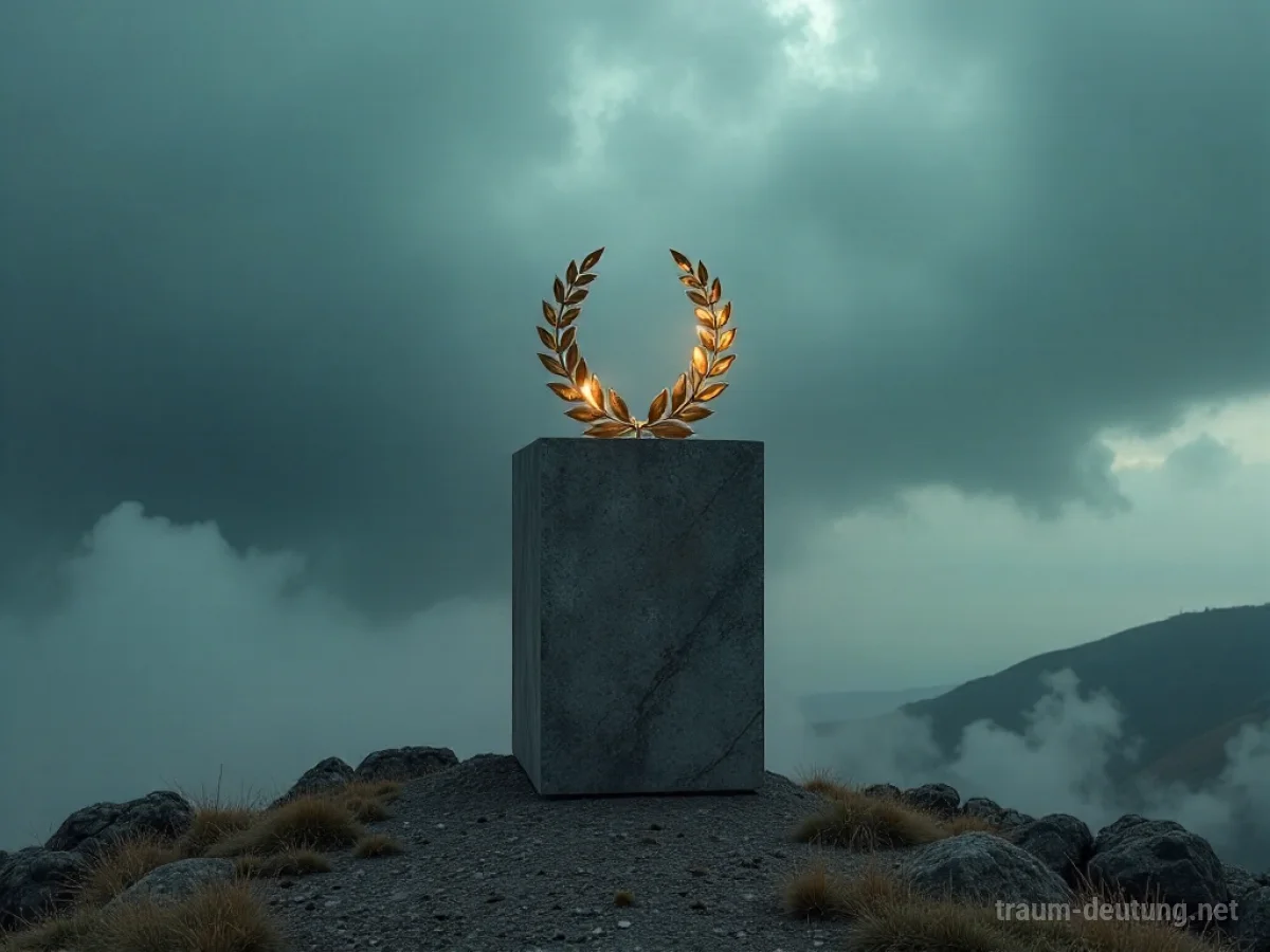 Traumsymbol Leistung: Ein einsamer Stein-Sockel auf einem weiten Plateau mit einem leuchtenden Lorbeerkranz darauf, unter einem dramatischen Himmel.