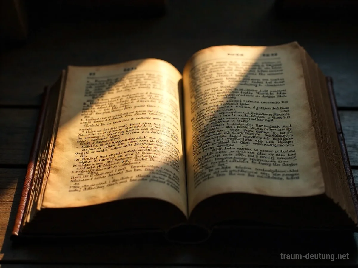 Traumdeutung Lektüre: Ein altes, ledergebundenes Buch liegt auf einem dunklen Holztisch und wird von einem warmen Lichtstrahl beleuchtet, der die Seiten mit dichter Schrift zeigt.