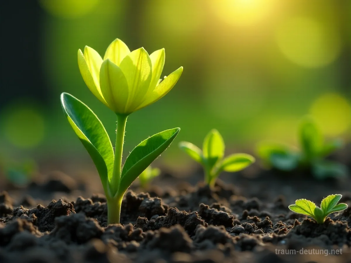 Traumsymbol Lenz: Eine zarte grüne Blume bricht durch trockene Erde, beleuchtet von den ersten Sonnenstrahlen des Frühlings.