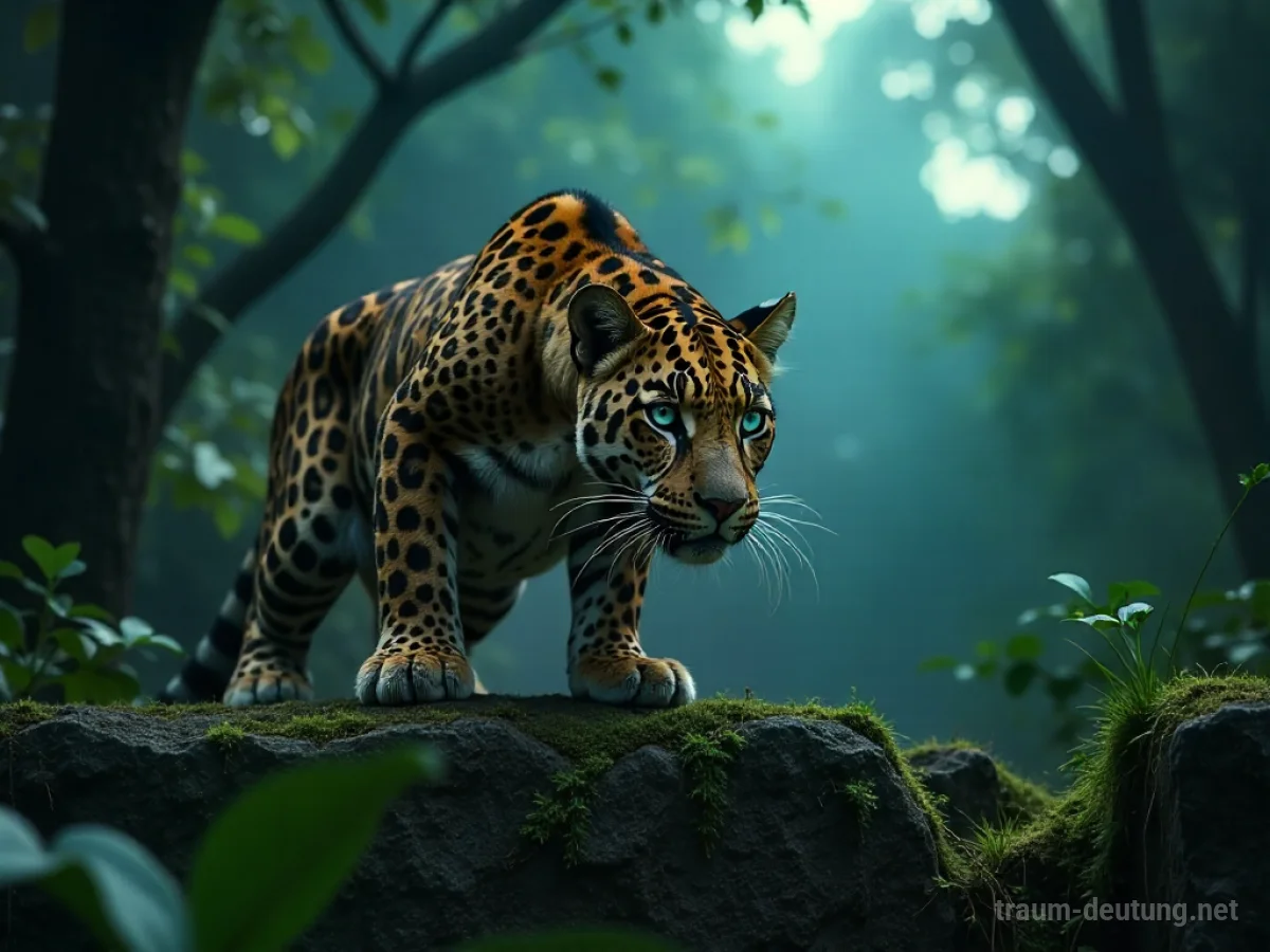 Traumsymbol Leopard: Ein majestätischer Leopard mit durchdringenden grünen Augen kauert auf bemoosten Ruinen im Mondlicht eines dichten Dschungels.