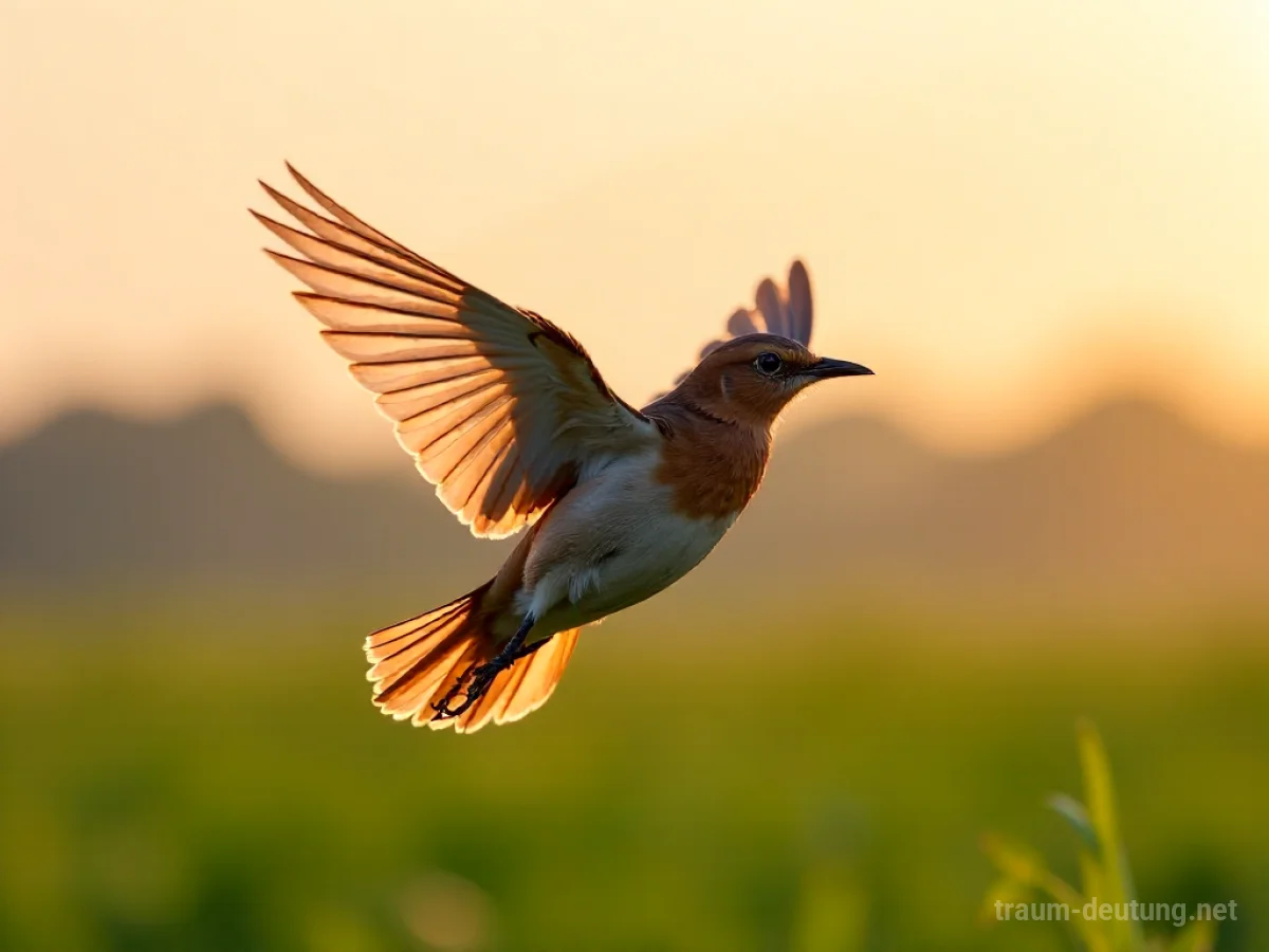 Traumsymbol Lerche: Eine aufsteigende Lerche im Morgengrauen mit ausgebreiteten Flügeln über einem Feld, beleuchtet von warmem Sonnenlicht.