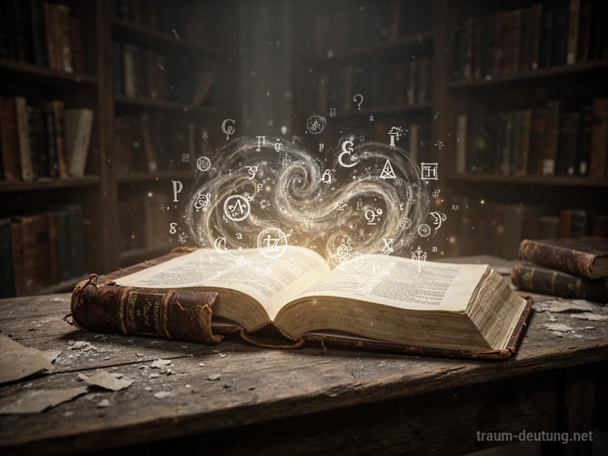 Traumsymbol Lernen: Ein aufgeschlagenes, altes Buch liegt auf einem Holztisch, beleuchtet von einem sanften Licht, das abstrakte Symbole formt, in einer staubigen Bibliothek.