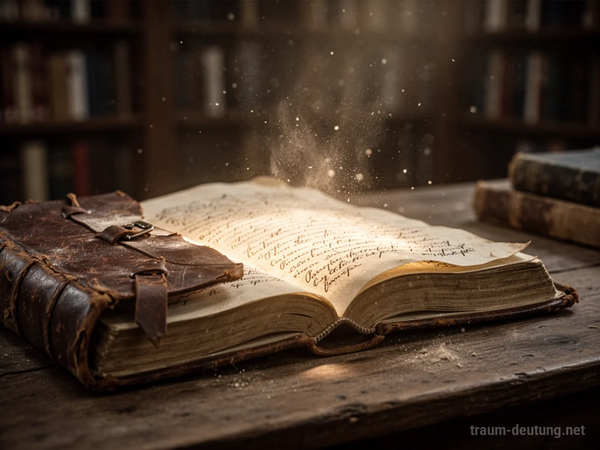 Traumdeutung Lesen: Ein aufgeschlagenes, ledergebundenes Buch liegt auf einem Holztisch, aus dessen Seiten warmes Licht und feine Schrift aufsteigen.