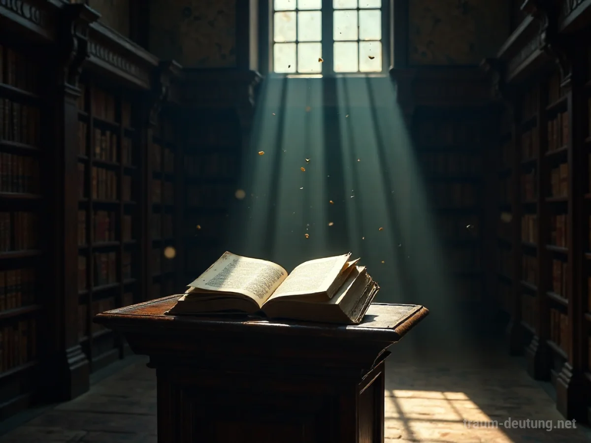 Traumsymbol Lesepult: Ein dunkles, altes Lesepult steht in einer staubigen Bibliothek im Schein eines einzelnen Mondstrahls, ein altes Buch darauf liegt offen.