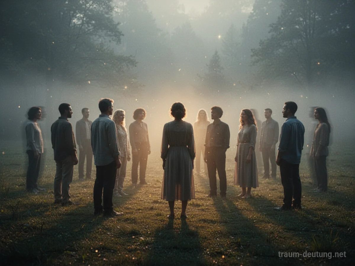 Traumdeutung Leute: Eine diverse Gruppe von Menschen steht in einer ätherischen Landschaft unter sanftem goldenem Licht, was die soziale Interaktion im Traum symbolisiert.