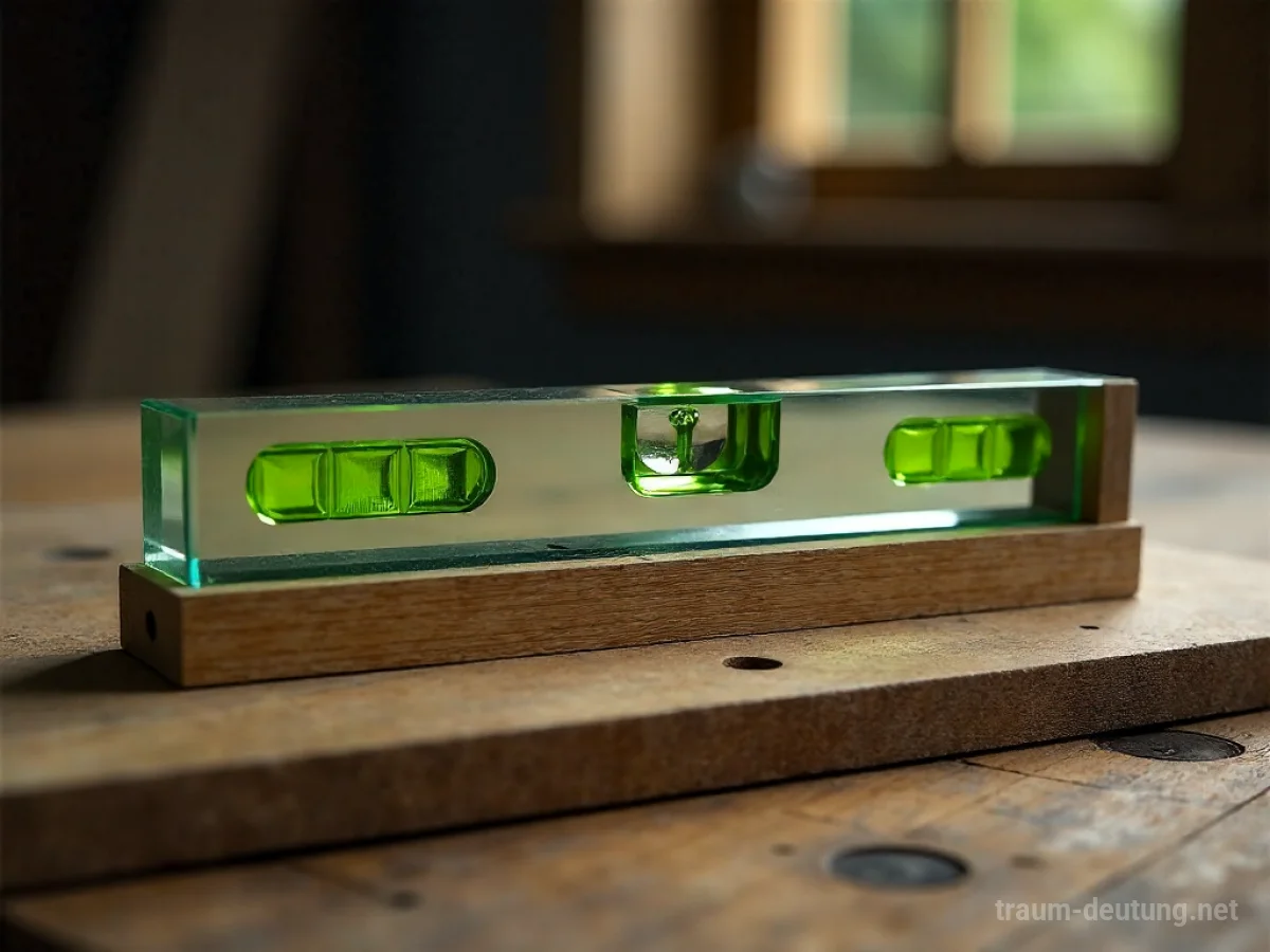 Traumdeutung Level: Ein Geodreieck liegt exakt horizontal auf rauem Holz, die Wasserblase zentriert, im weichen Licht des Raumes.