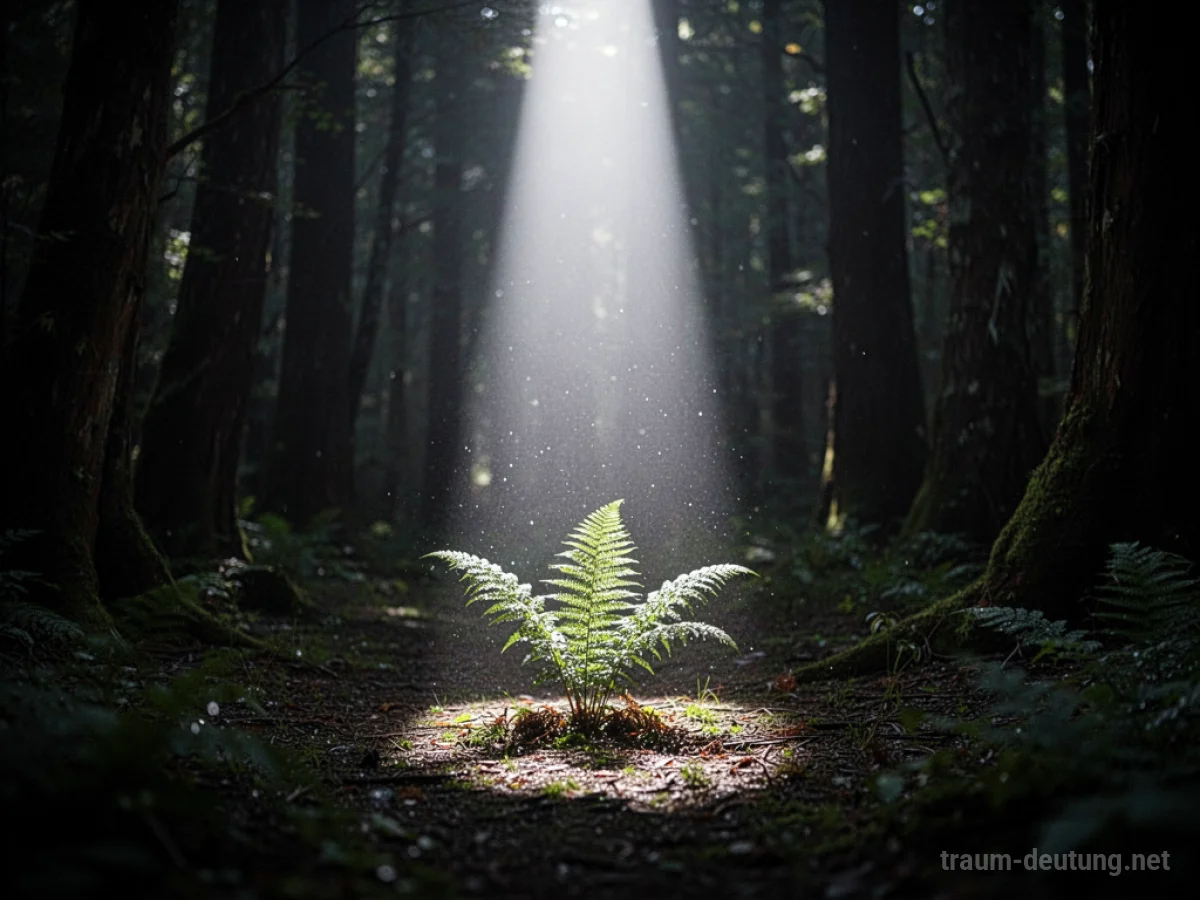 Traumsymbol Licht: Ein einzelner, ätherischer Strahl reinweißen Lichts durchdringt einen dichten, dunklen Wald und beleuchtet eine einzelne Farnpflanze.