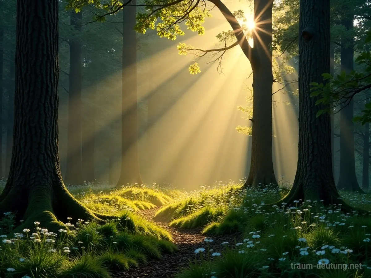 Traumsymbol Lichtung: Eine sonnenbeschienene Waldlichtung mit moosbewachsenem Boden und Wildblumen, umgeben von alten Bäumen.