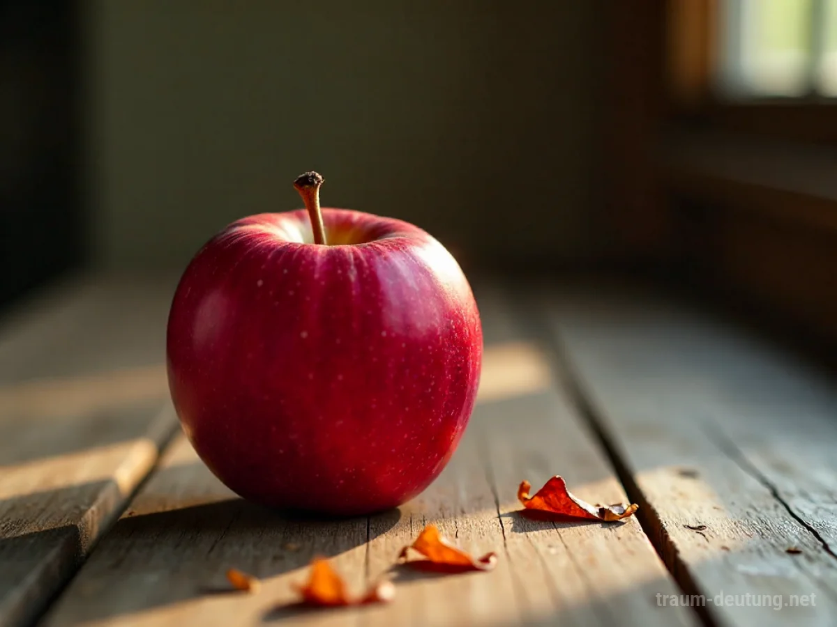 Traumsymbol Liebling: Ein einzelner, glänzender roter Apfel liegt auf einem dunklen Holztisch im sanften Sonnenlicht.