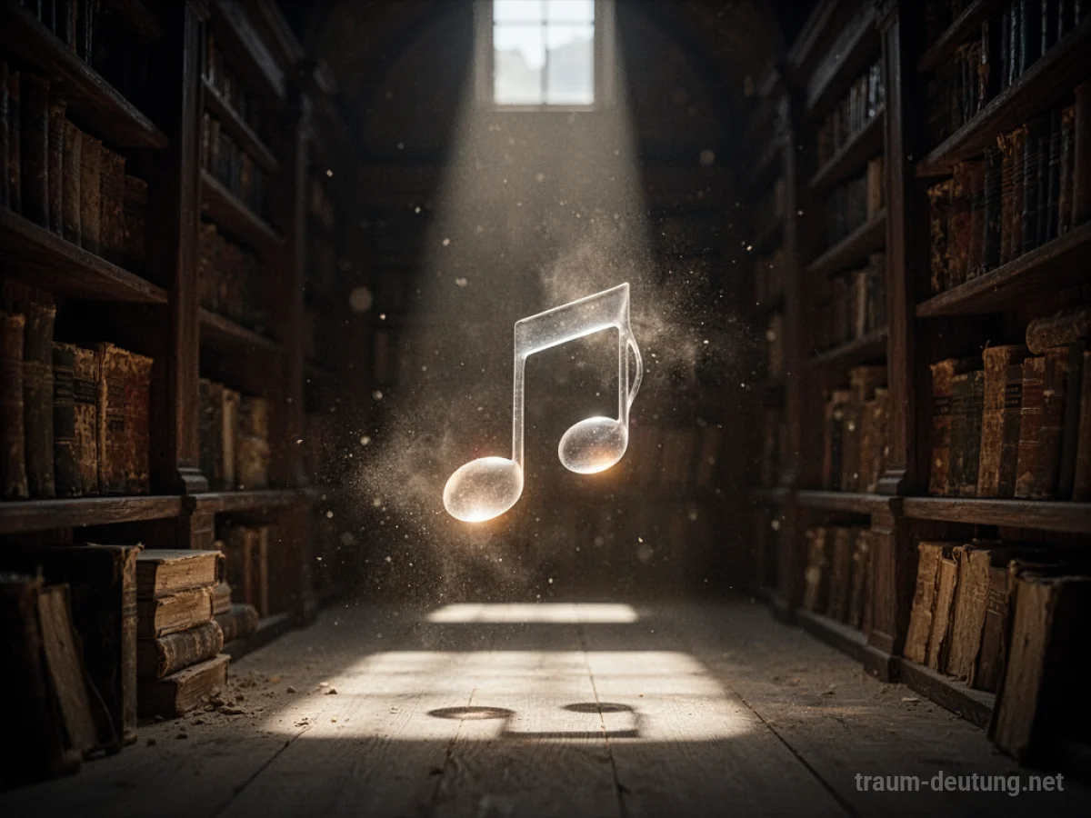 Traumsymbol Lied: Eine einzelne, ätherische Musiknote schwebt in einer dämmrigen, alten Bibliothek, beleuchtet von einem Mondstrahl.