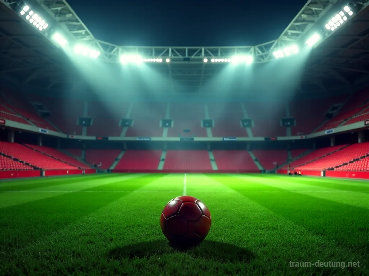 Traumsymbol Liga: Ein leerer, prunkvoller Fußballstadioninnenraum im Scheinwerferlicht mit einem einzelnen Ball auf dem Rasen und leichtem Nebel.
