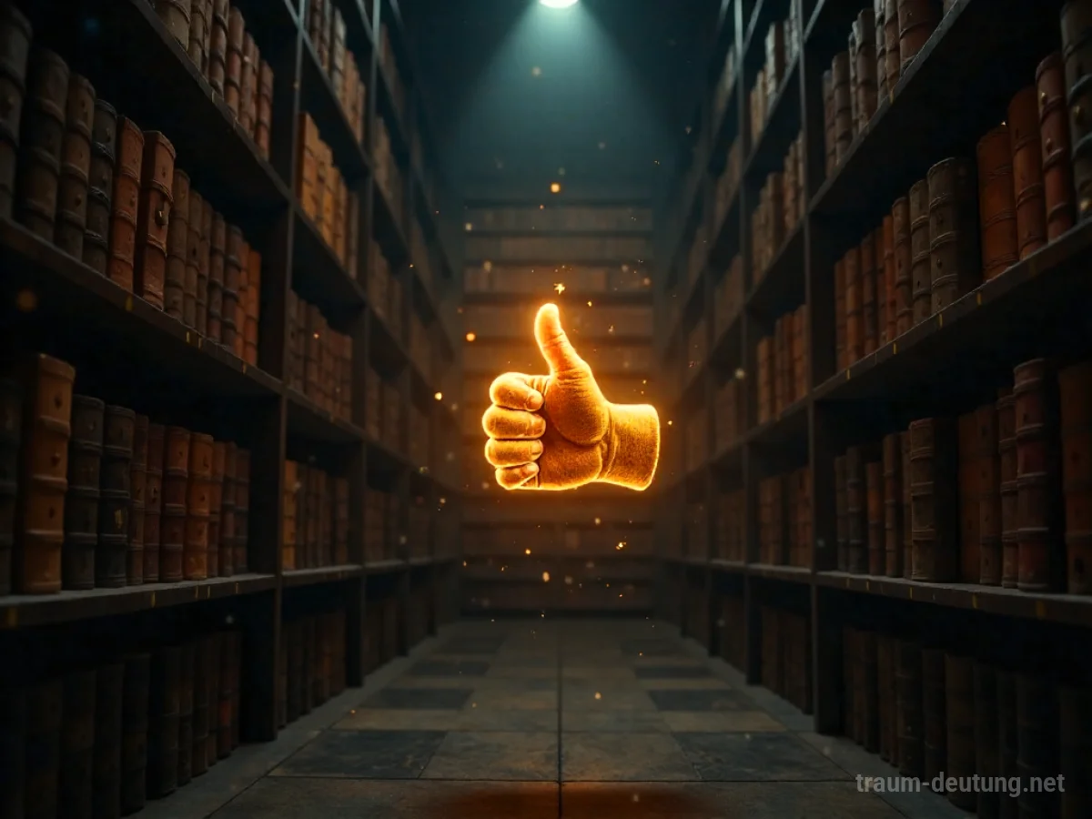 Traumdeutung Like: Ein leuchtendes 'Daumen hoch'-Symbol schwebt in einer alten, staubigen Bibliothek mit goldenem Licht.