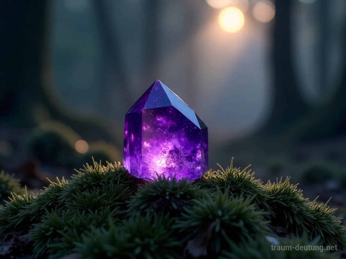 Traumsymbol Lila: Ein leuchtender Amethystkristall ruht auf samtigem Moos im Schein des Mondlichts, umgeben von Nebelschwaden in einem mystischen Wald.