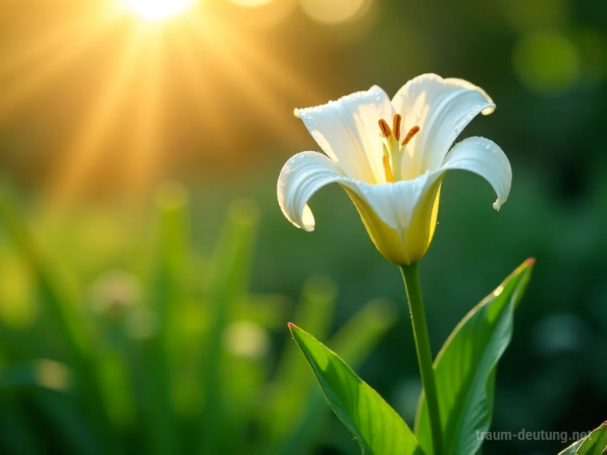 Traumsymbol Lilie: Eine makellose weiße Lilie steht im Morgentau eines ruhigen Gartens, beleuchtet von sanftem Sonnenlicht.