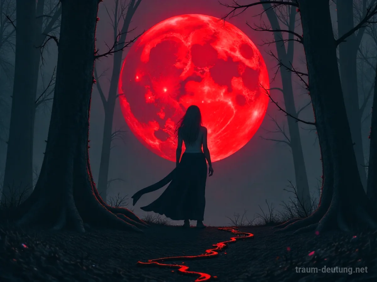 Traumsymbol Lilith: Eine einsame, kraftvolle Frau steht am Rande eines dunklen Waldes unter einem blutroten Mond, Schatten winden sich um ihre Füße.