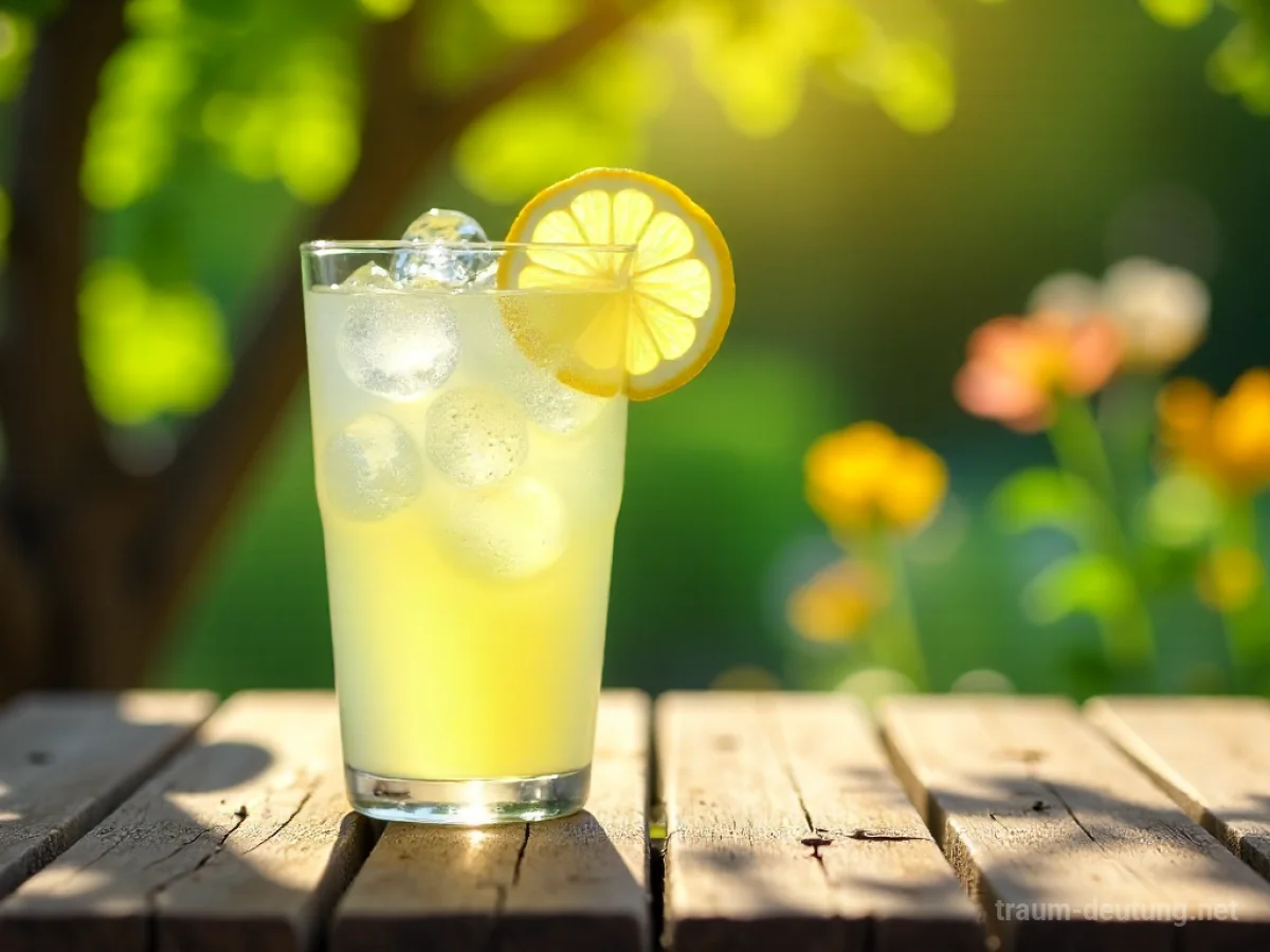 Traumsymbol Limonade: Ein Glas sprudelnder Limonade mit Zitrone und Eiswürfeln steht auf einem Holztisch im Sonnenschein, umgeben von einem blühenden Garten.