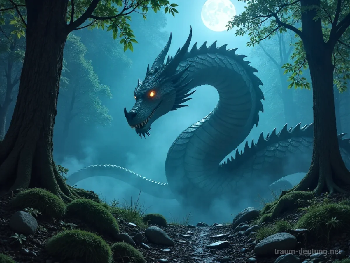 Traumsymbol Lindwurm: Ein gigantischer, schlangenartiger Lindwurm mit schillernden Schuppen erhebt sich aus einem nebligen Waldlichtung im Mondlicht.