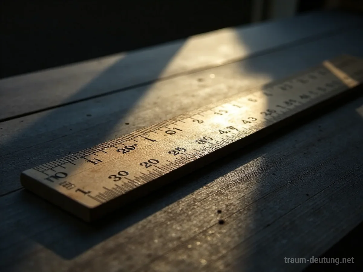 Traumsymbol Lineal: Ein altes Holzlineal liegt auf einem dunklen Schreibtisch im Mondlicht, mit langen Schatten und sichtbaren Staubpartikeln.