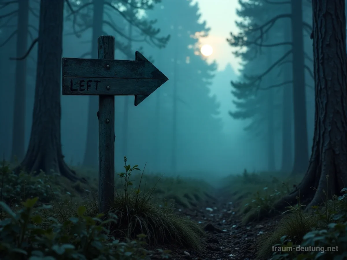 Traumsymbol Links: Ein verwitterter, nach links weisender Holzpfeil steht einsam in einem nebligen Wald bei Mondlicht.