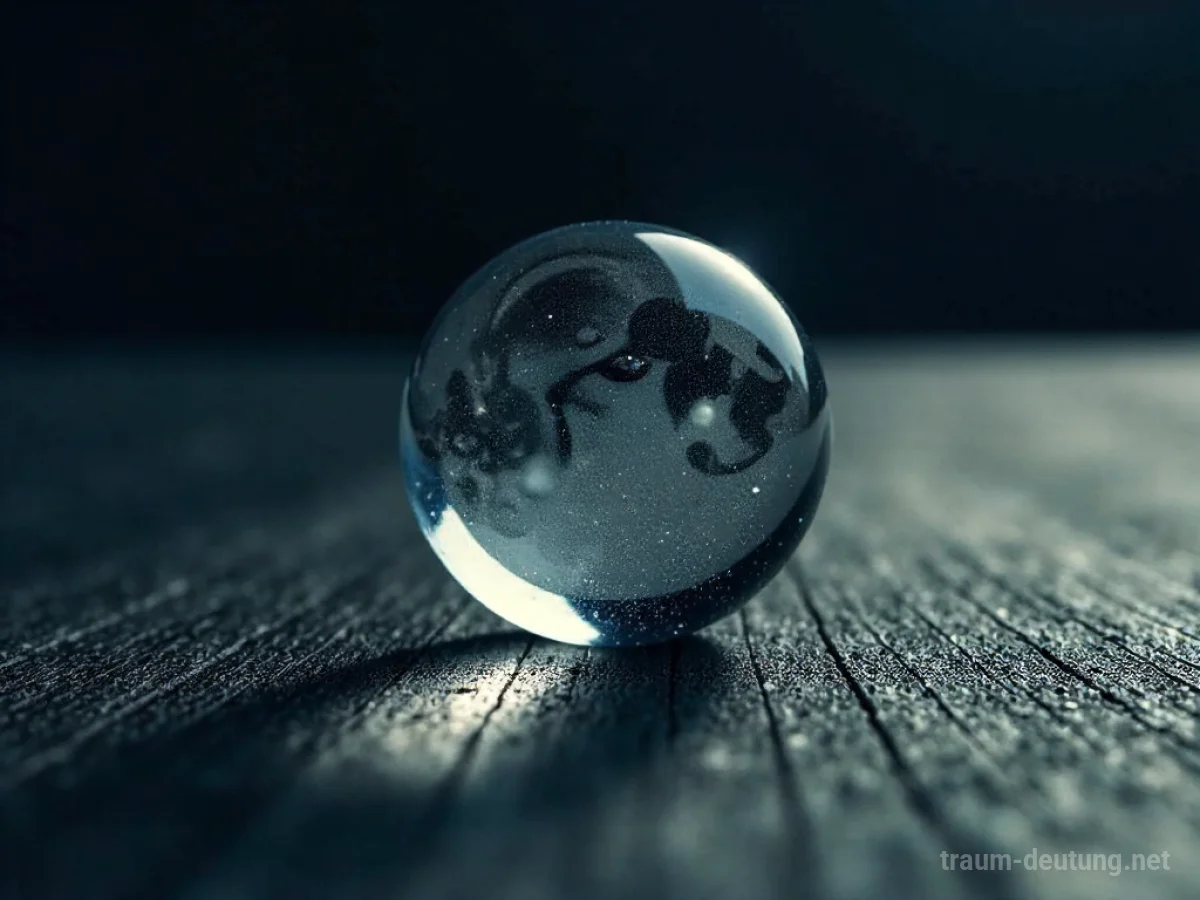 Traumsymbol Linse: Eine einzelne, klare Glaslinse liegt auf einer dunklen Holzoberfläche, beleuchtet von sanftem Mondlicht, das feine Details und eine ruhige Atmosphäre hervorhebt.