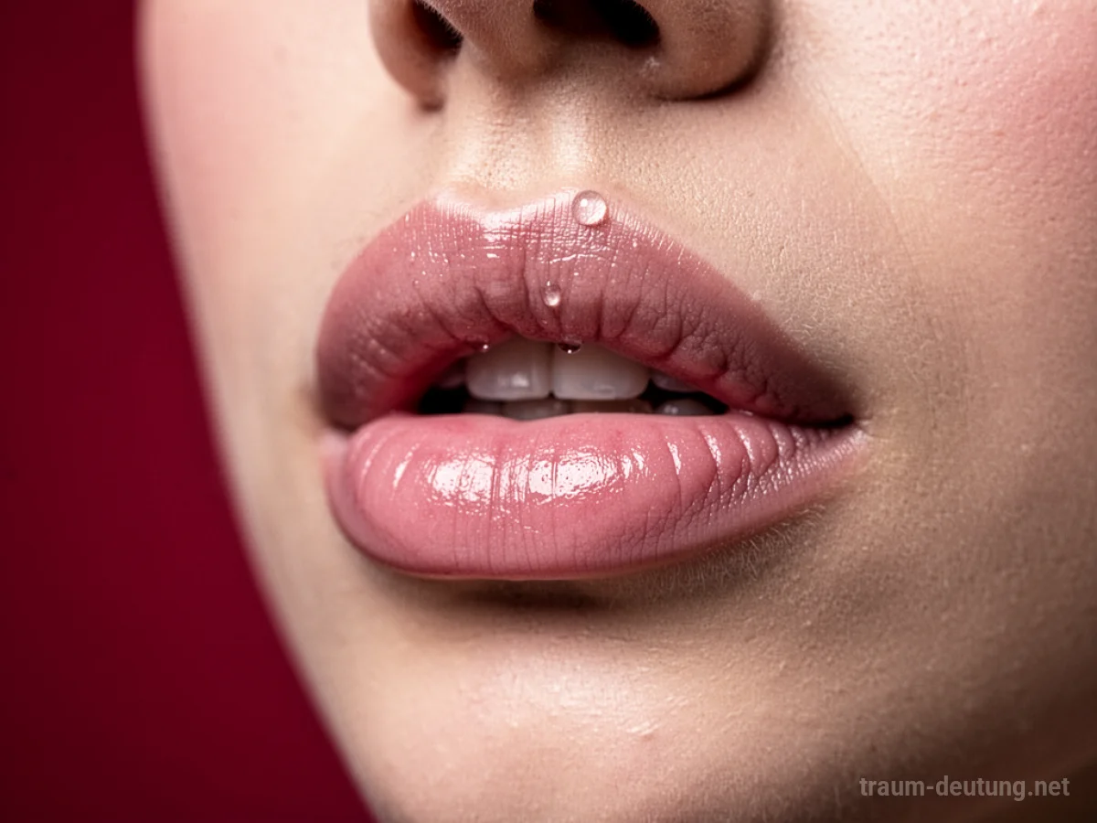 Traumsymbol Lippen: Nahaufnahme von vollen, leicht geöffneten Lippen mit einem leichten Schimmer, im Hintergrund ein unscharfer Farbverlauf aus tiefem Rot und Rosa.