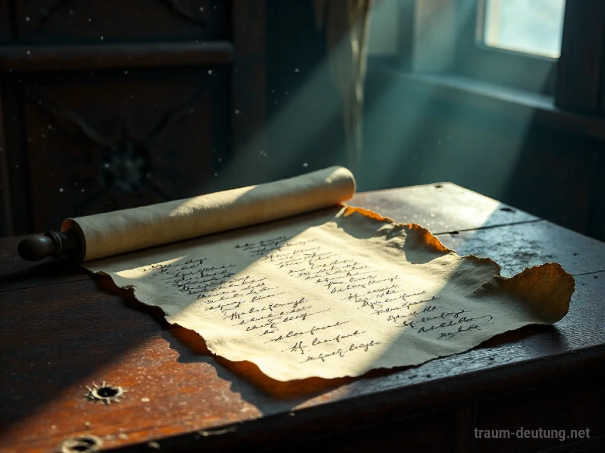 Traumdeutung List: Eine antike Schriftrolle mit handschriftlichen Notizen liegt auf einem mondbeschienenen Schreibtisch, was auf unerledigte Aufgaben oder Prioritäten hinweist.