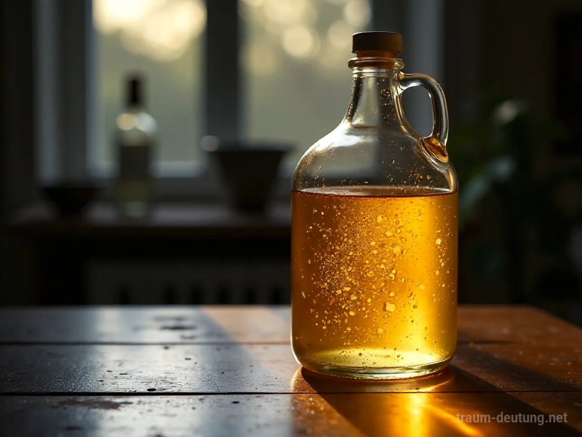 Traumsymbol Liter: Eine klare Glasflasche mit goldenem Inhalt steht im Mondlicht auf dunklem Holz.