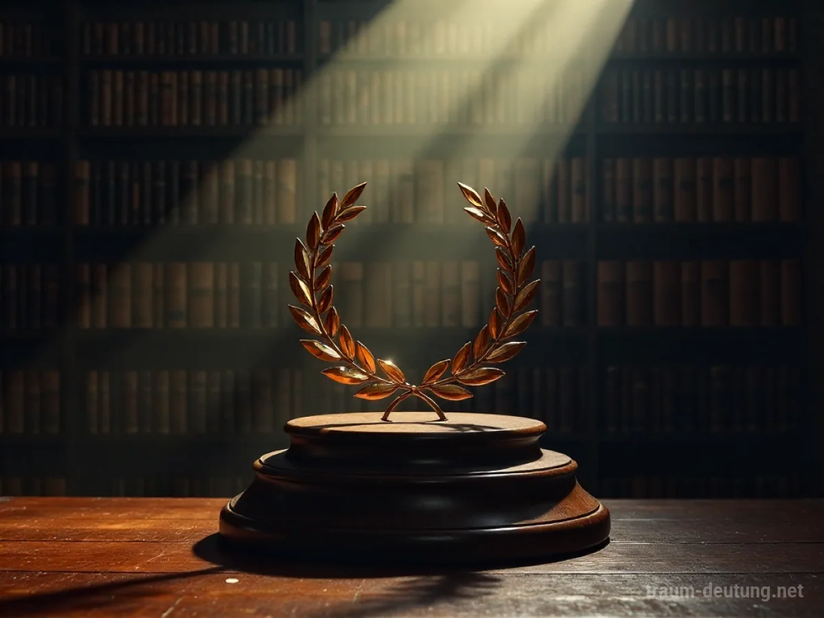 Traumdeutung Lob: Ein goldener Lorbeerkranz ruht auf einem dunklen Holzpodest in einer antiken Bibliothek, beleuchtet von sanftem, ätherischem Licht.