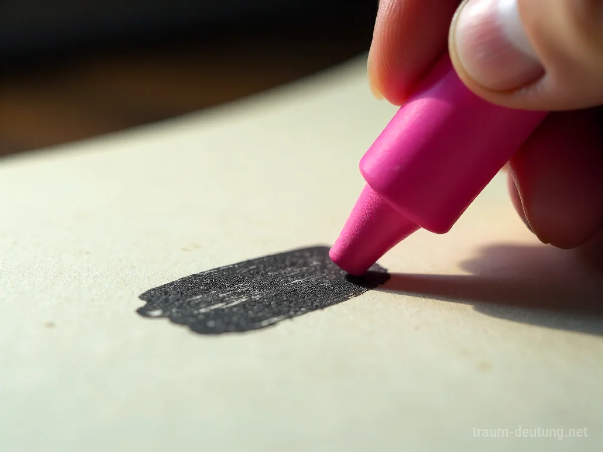 Traumsymbol Löschen: Eine Hand hält einen rosa Radiergummi über einem dunklen Fleck auf Papier.
