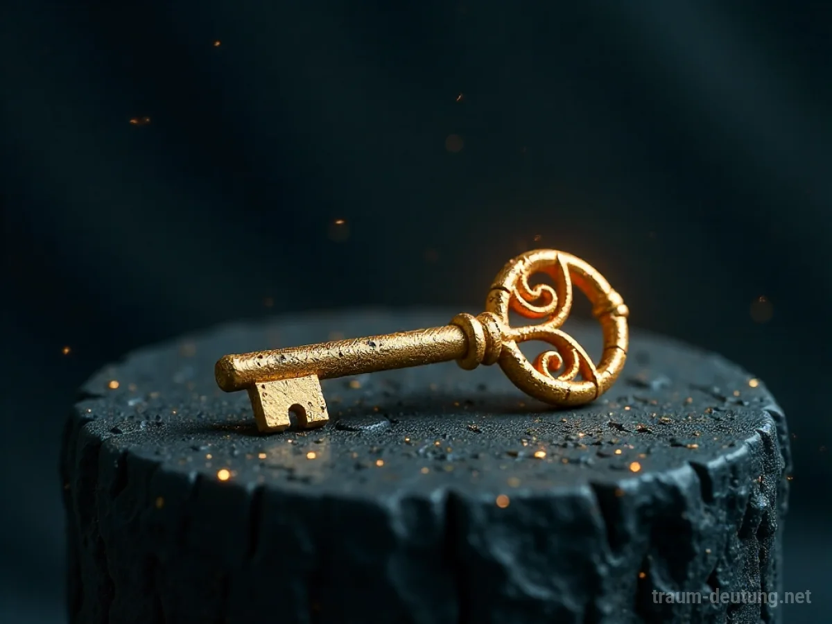 Traumsymbol Lösung: Ein leuchtender goldener Schlüssel liegt auf einem antiken Steinpodest im sanften Mondlicht, umgeben von geheimnisvoller Dunkelheit.