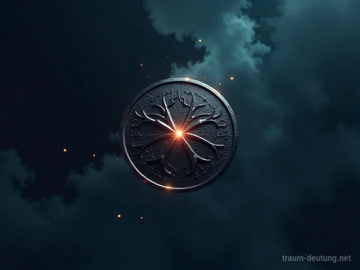 Traumsymbol Logo: Ein glänzendes, metallisches Logo schwebt in einem dunklen, nebelverhangenen Nichts, das tiefe Introvertiertheit symbolisiert.