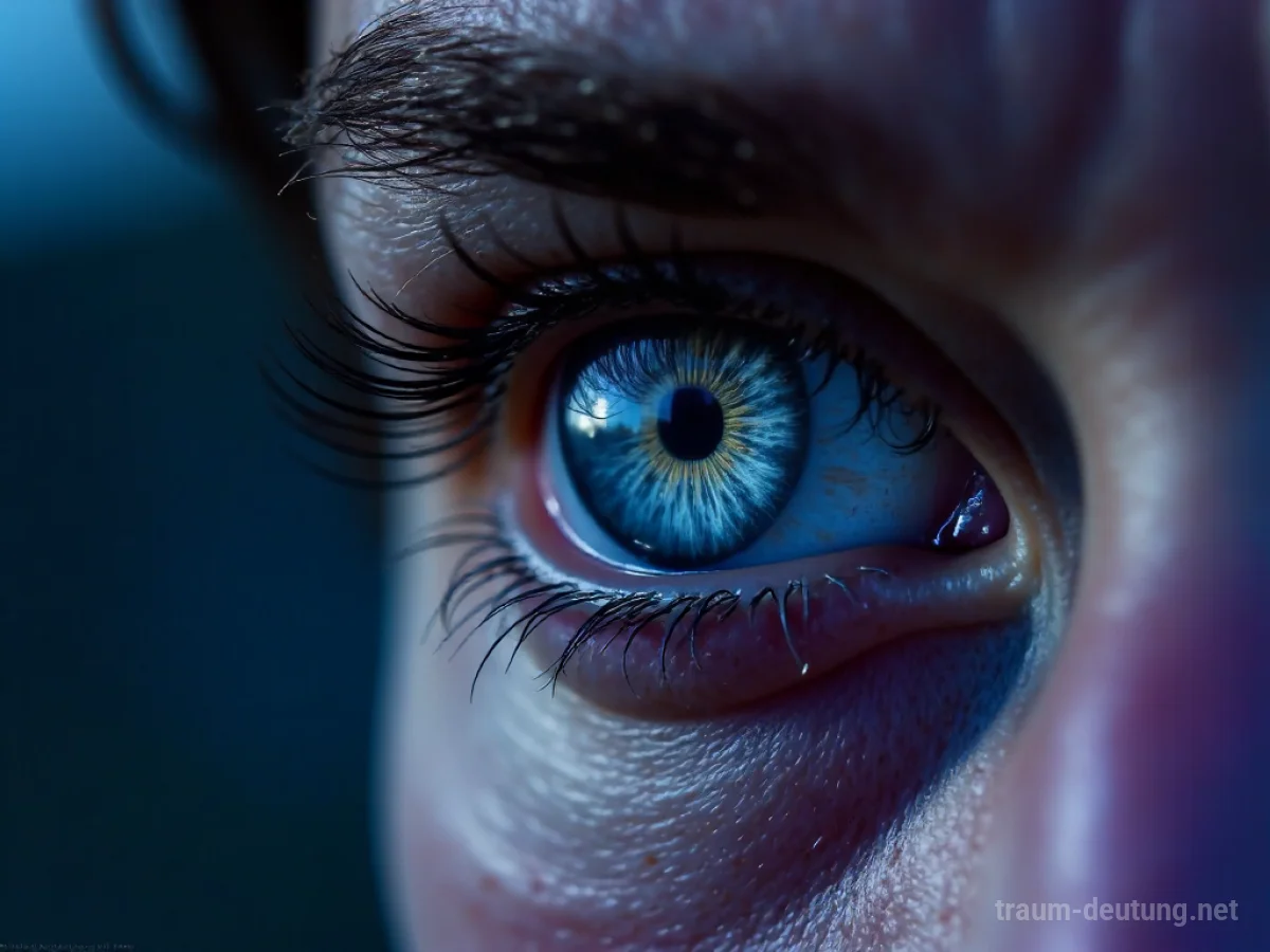 Traumdeutung Look: Ein intensives menschliches Auge mit einem irisartigen Nebel blickt direkt nach vorne, reflektiert eine Stadtlandschaft im Mondlicht.