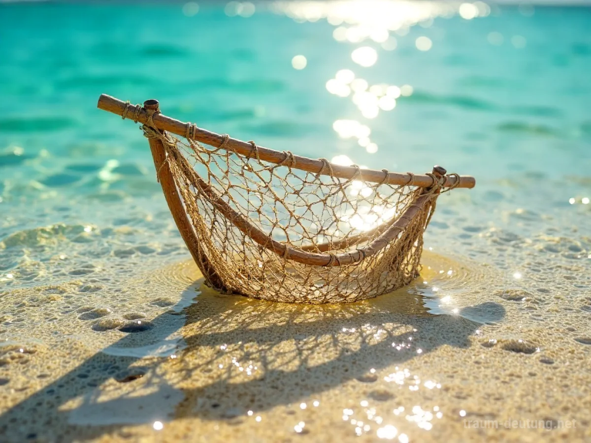 Traumsymbol Los: Ein verwittertes Holzfischernetz liegt im flachen, klaren türkisfarbenen Wasser, beleuchtet von intensiven Sonnenstrahlen.