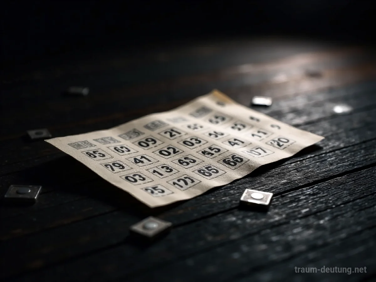 Traumsymbol Lotto: Ein leicht zerknülltes Lotto-Ticket liegt auf einer dunklen Holzoberfläche, beleuchtet von einem einzelnen Scheinwerfer.