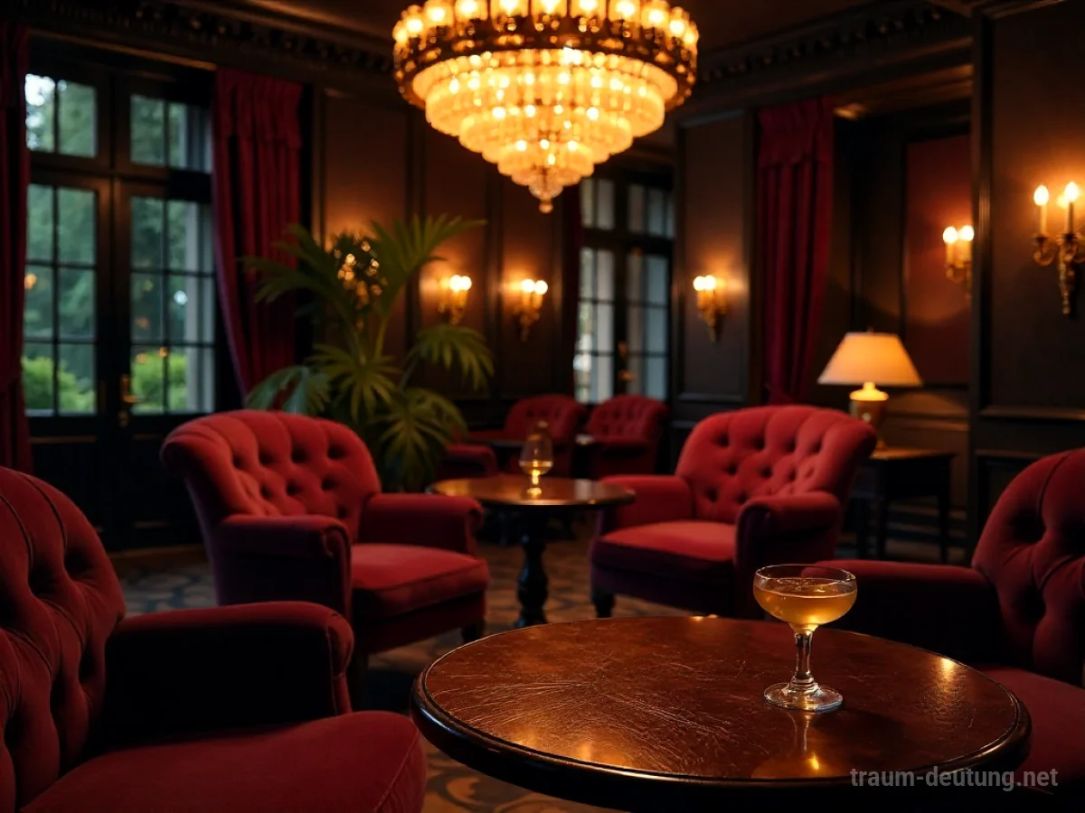 Traumdeutung Lounge: Eine luxuriöse, schwach beleuchtete Lounge mit samtigen Sofas und einem warmen Lichtkegel eines Kronleuchters.